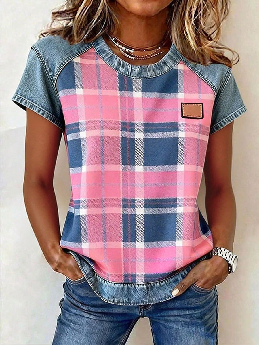 Kvinnors Plaid Skriv Denim Patchwork topp