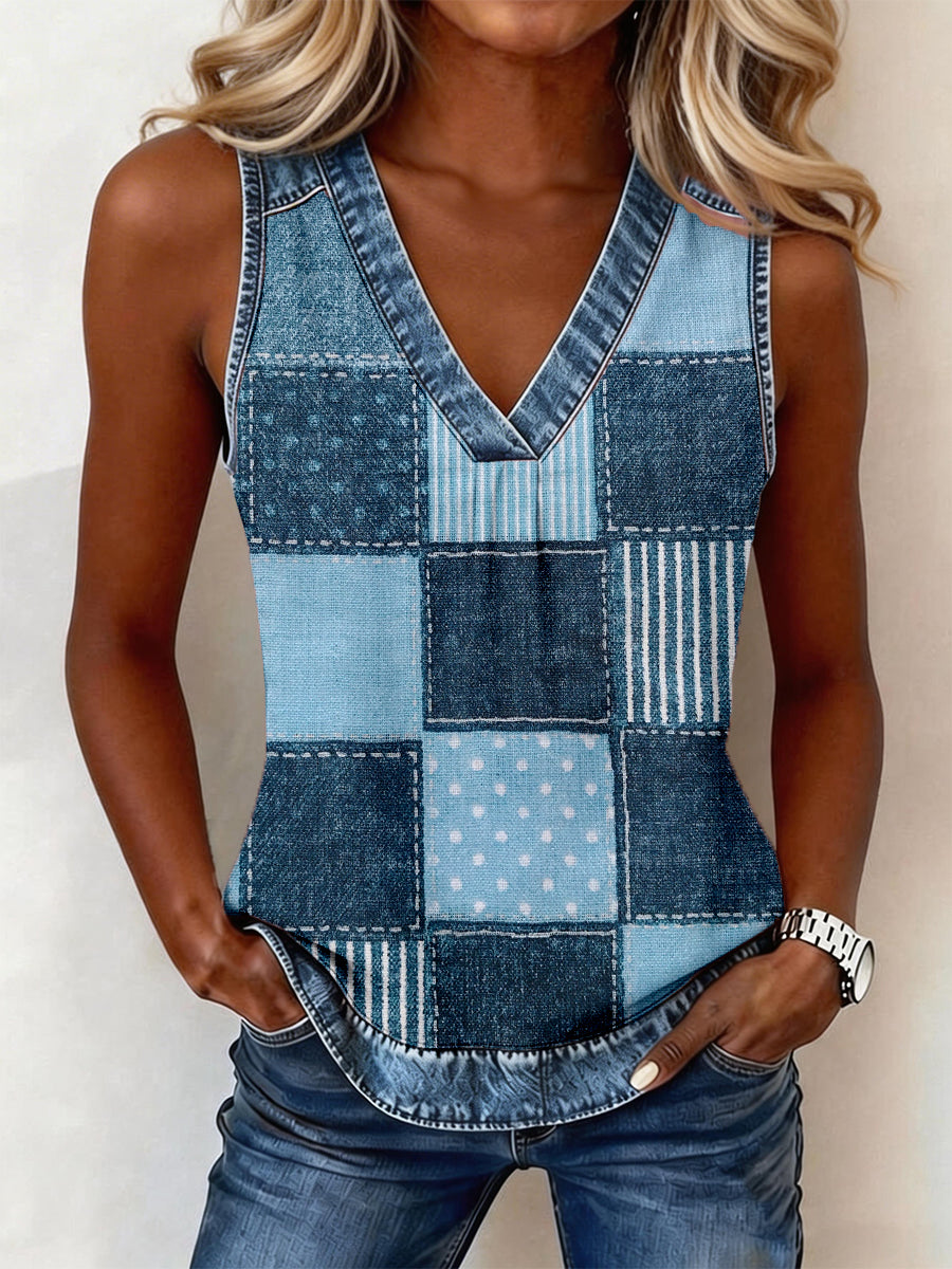 Women's Denim Patchwork V-Neck Top