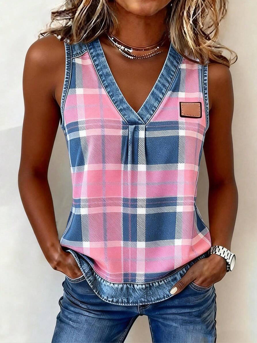 Women's Stain Pattern Denim Patchwork Top