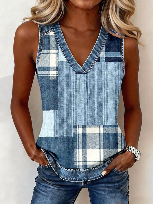 Women's denim patchwork V-neck shirt