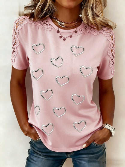 Kvinnors spetsad kärlek hjärta Print Casual Tee
