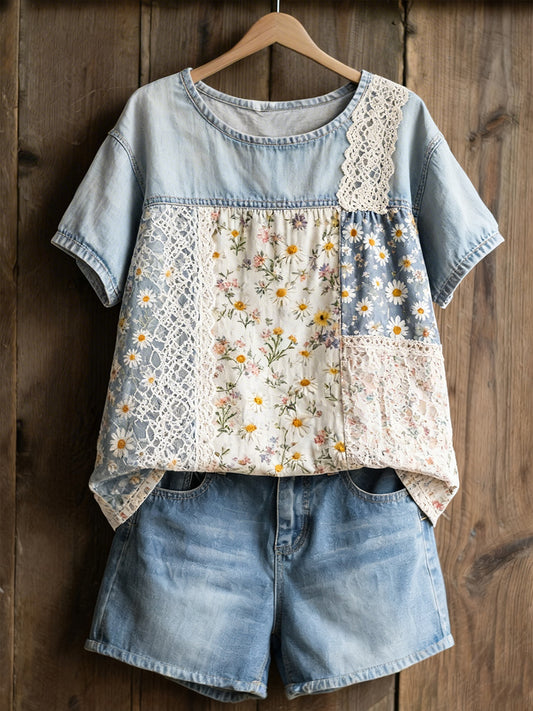 Kvinnors Daisy Print Casual T-shirt