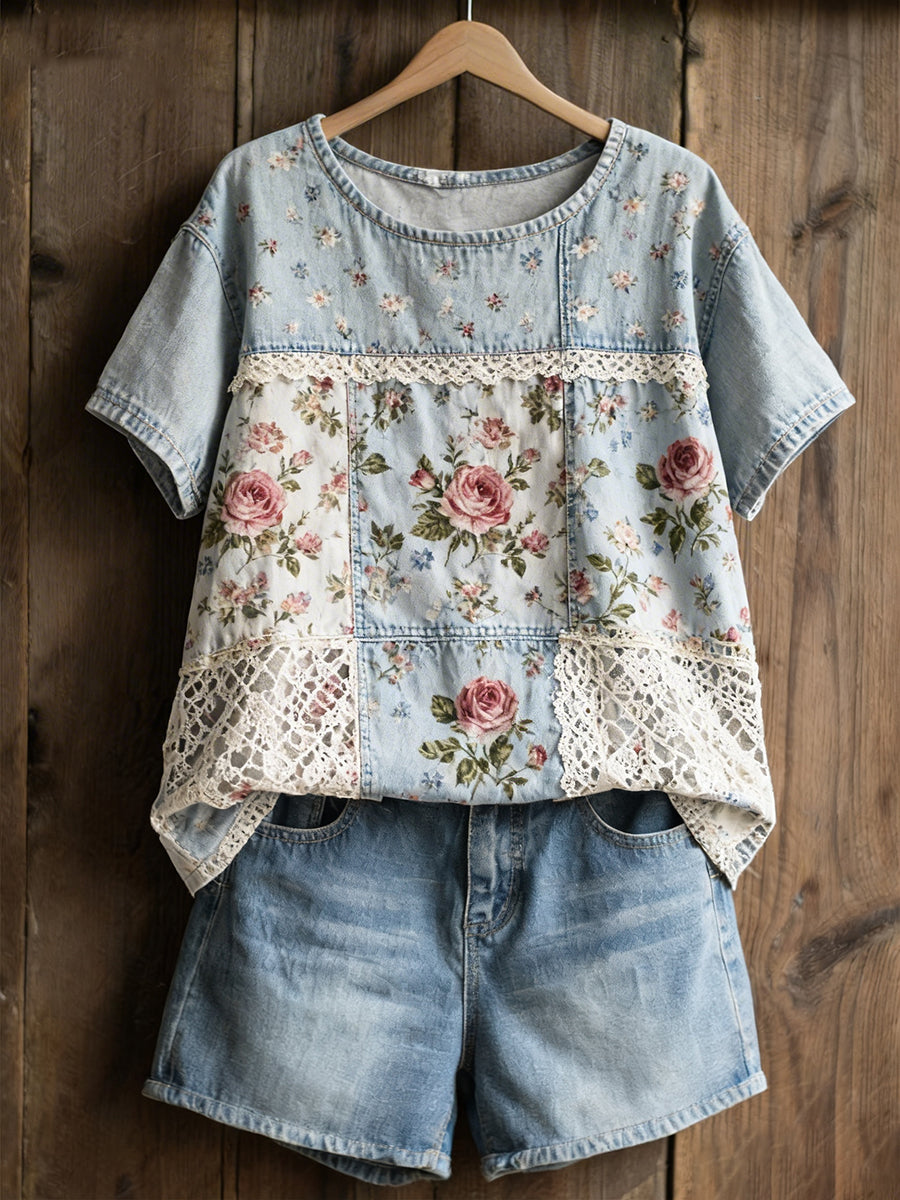 Kvinnors Rose Print Casual T-shirt