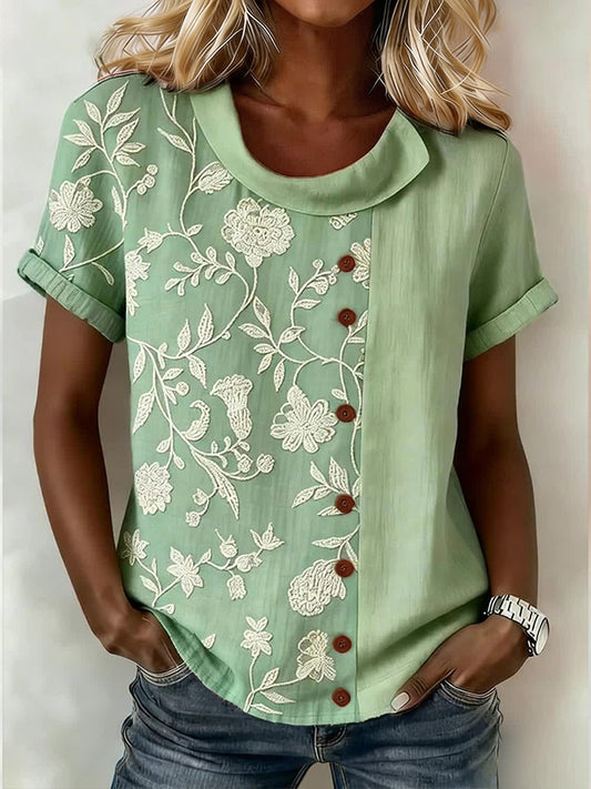 Women's linen blend shirt with elegant floral pattern