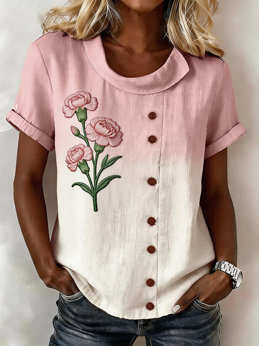 Women's linen blend shirt with pink carnation pattern