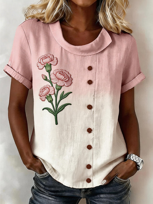 Women's linen blend shirt with pink carnation pattern