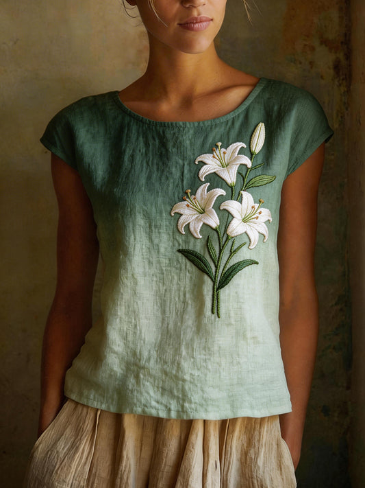 Women's linen blend shirt with elegant lily pattern