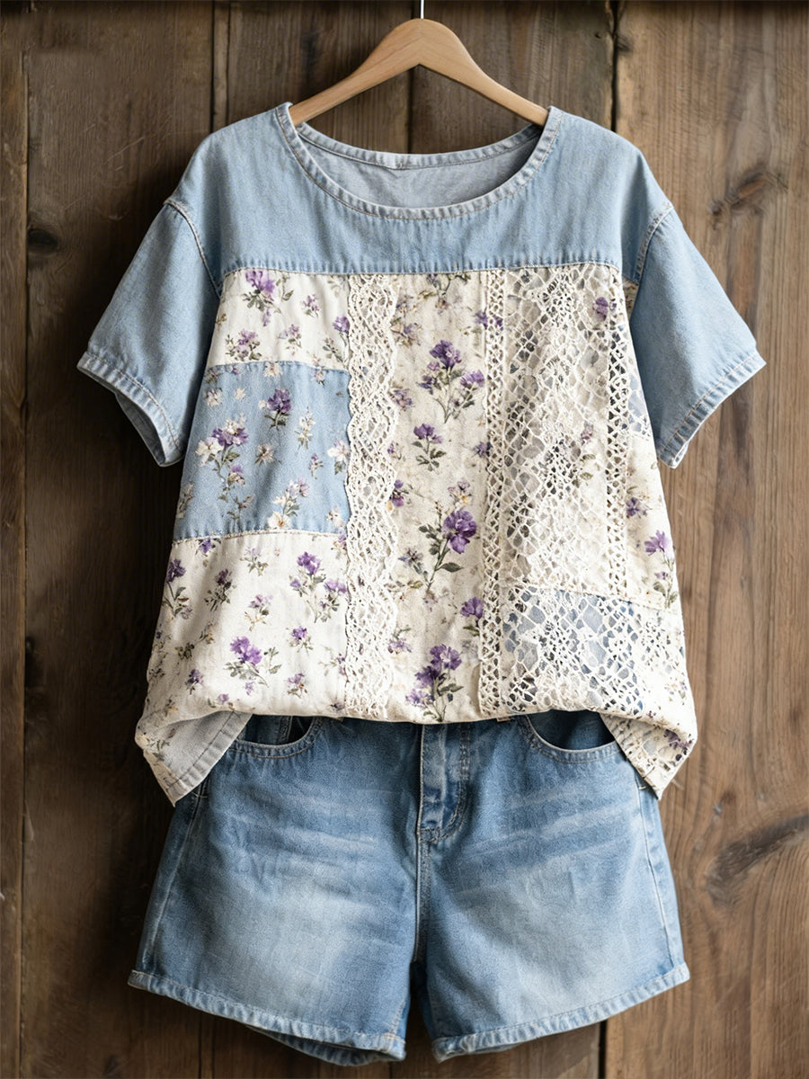Kvinnor violett blomster Casual T-shirt