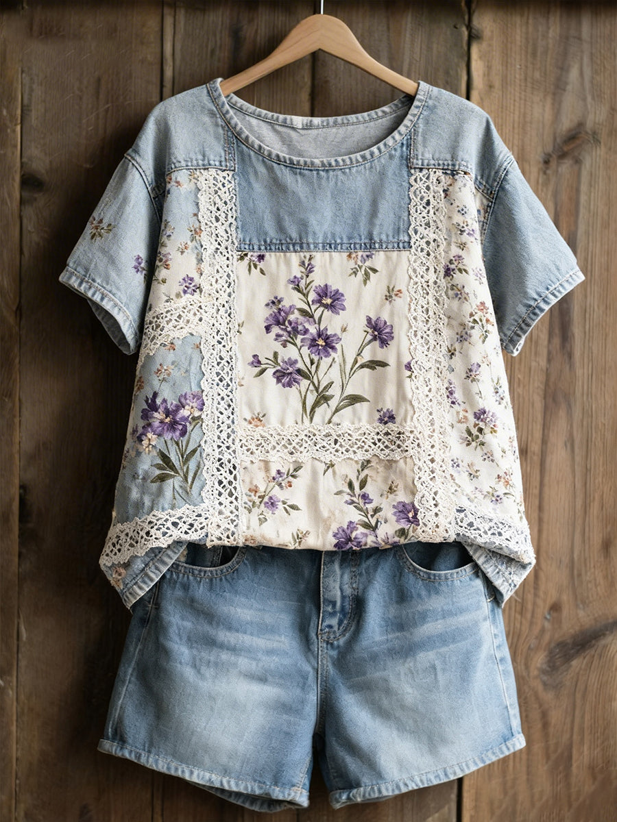 Kvinnor violett blomster Casual T-shirt