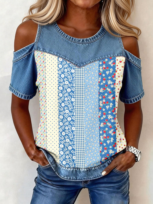 Women's Elegant Floral Print Denim Fabric Top