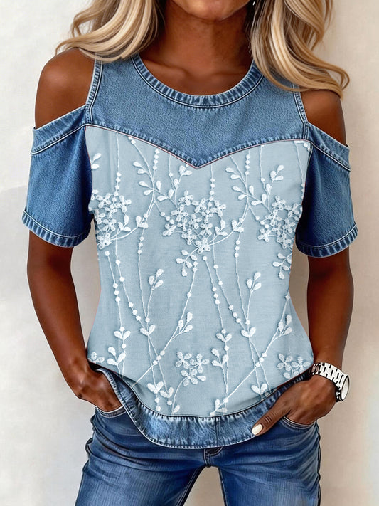 Women's Elegant Denim Fabric Floral Pattern Top