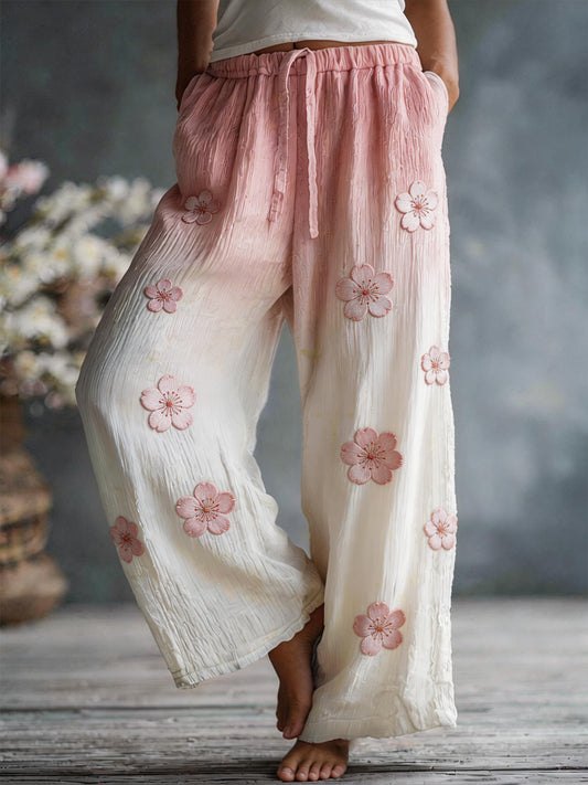 Women's pink cherry blossom pattern linen blend trousers
