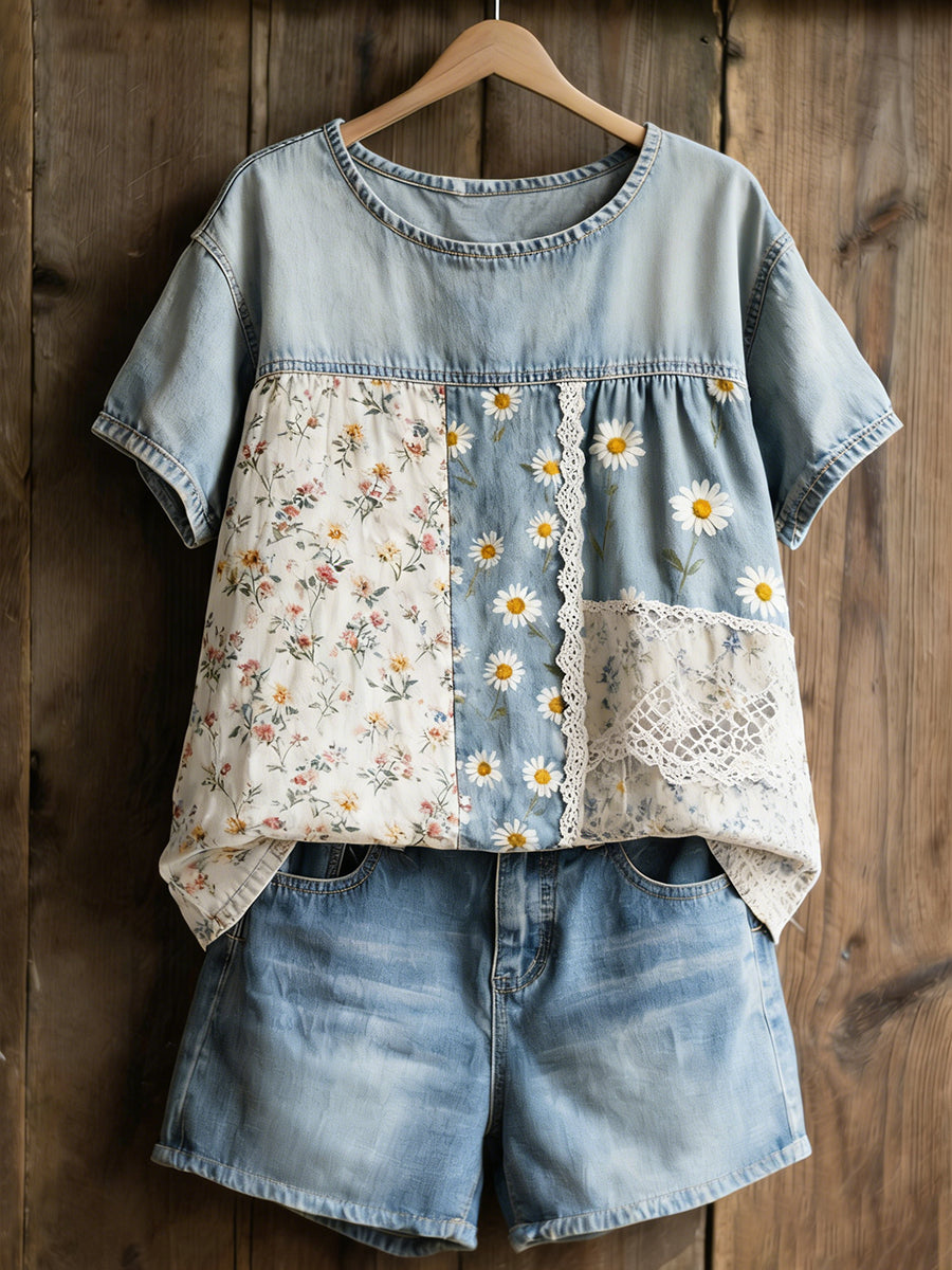 Dams örtblomstermönstrad casual t-shirt