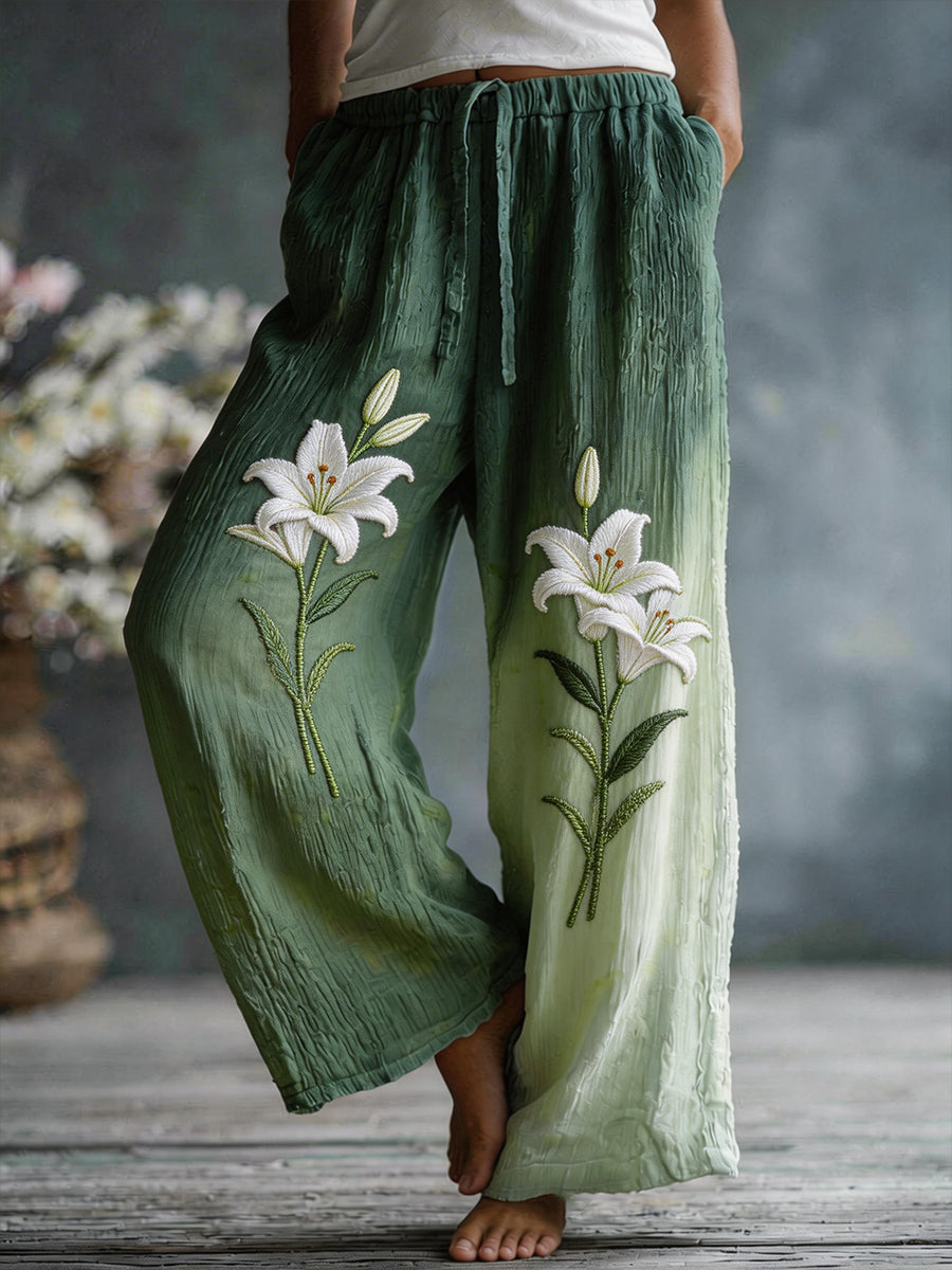 Women's floral lily pattern linen blend trousers