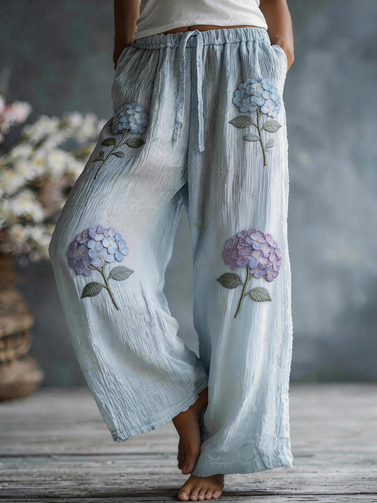 Women's Hydrangea Pattern Linen Blend Trousers