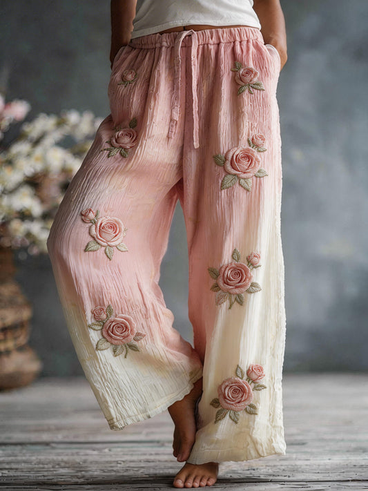 Women's Pink Floral Print Linen Blend Trousers