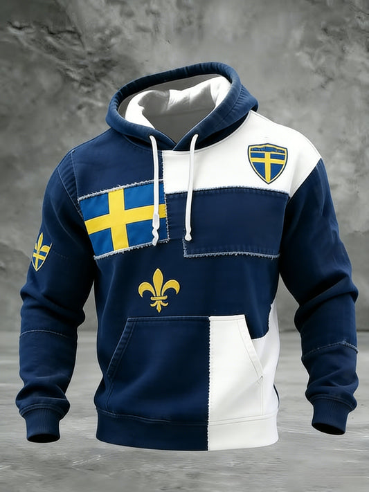 Retro Viking Swedish Flag Badge Casual Long-Sleeved Hooded T-Shirt