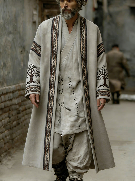 Men's Extended Trench Coat with Viking-themed Print