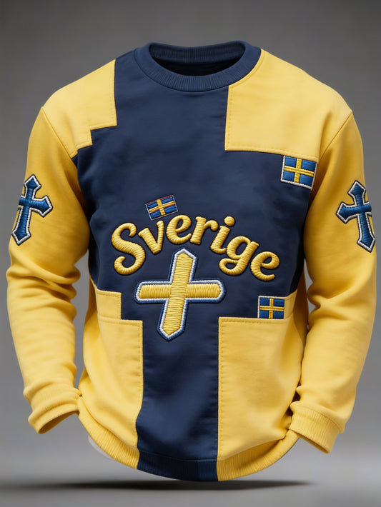 Retro Viking Swedish Flag Emblem Relaxed Long-Sleeve Sweatshirt