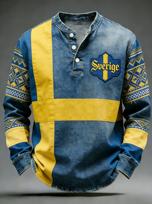 Retro Viking Swedish Flag Emblem Relaxed Long-Sleeve Sweatshirt