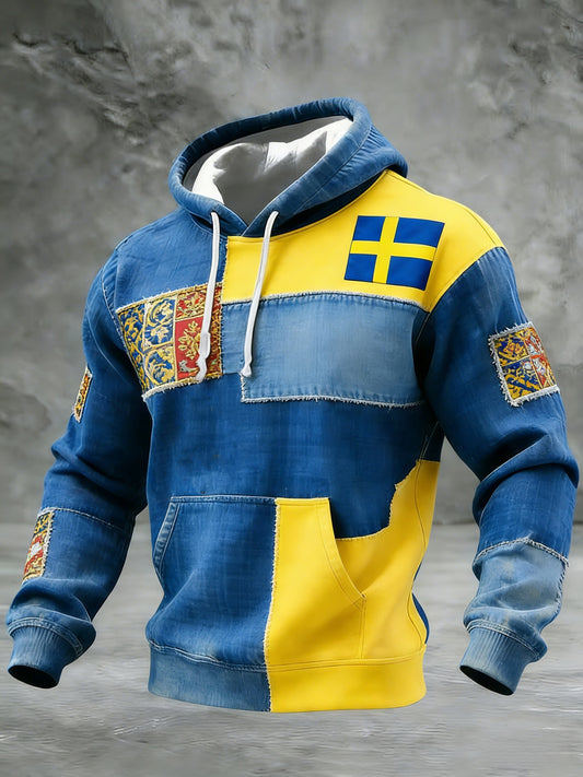 Retro Viking Swedish Flag Badge Casual Long-Sleeved Hooded T-Shirt