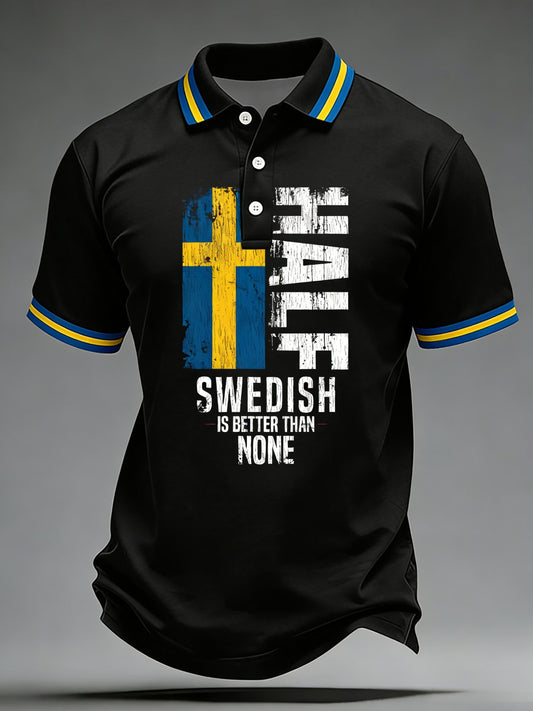 Men's Retro Viking Swedish Flag Emblem Short Sleeve Casual Polo Shirt