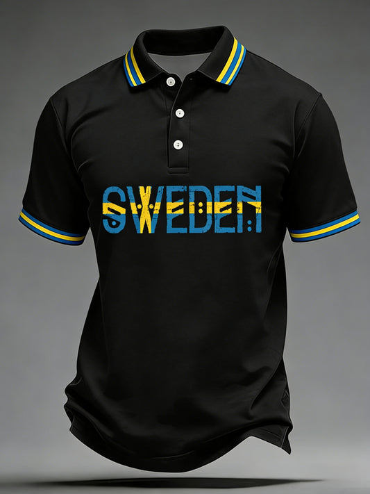 Men's Retro Viking Swedish Flag Emblem Casual Short Sleeve Polo Shirt