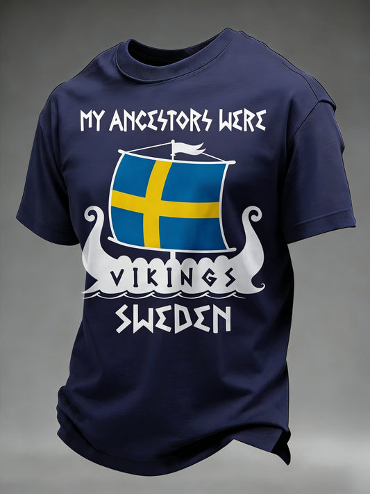 Men's Retro Viking Swedish Flag Patch Casual Short-Sleeve Shirt