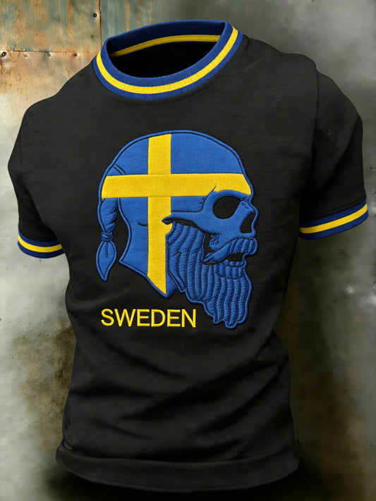 Men's Retro Viking Swedish Flag Emblem Casual Short Sleeve T-Shirt