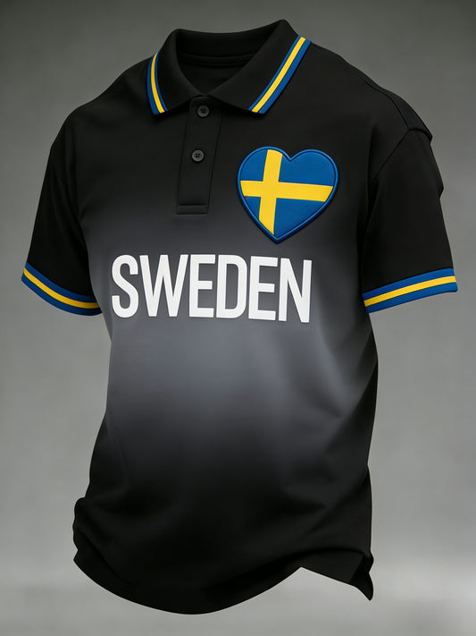 Men's Retro Viking Swedish Flag Patch Casual Short-Sleeve Polo Shirt
