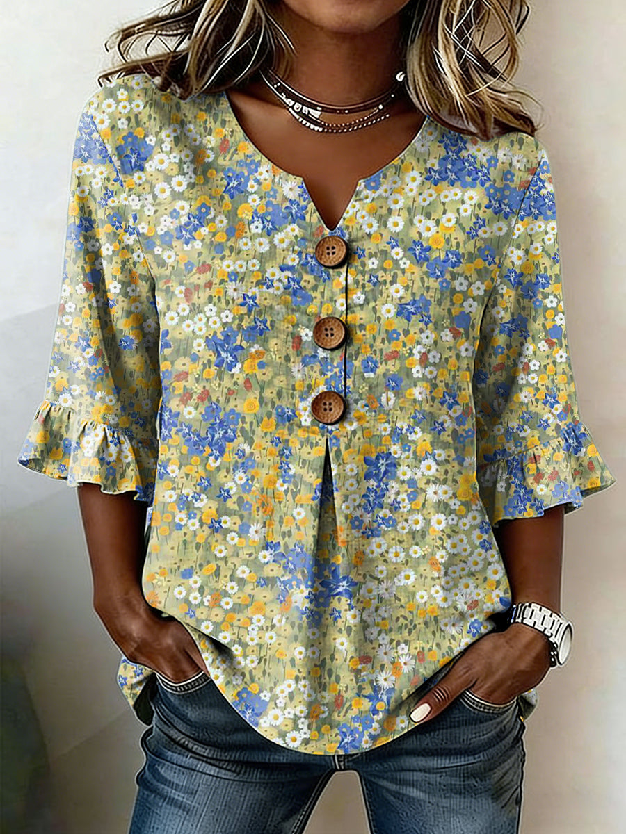 Women's floral art linen shirt