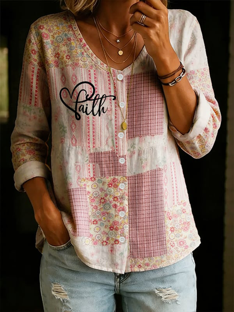 Women's Faith Floral Cotton Linen V-Neck Button-Up Shirt