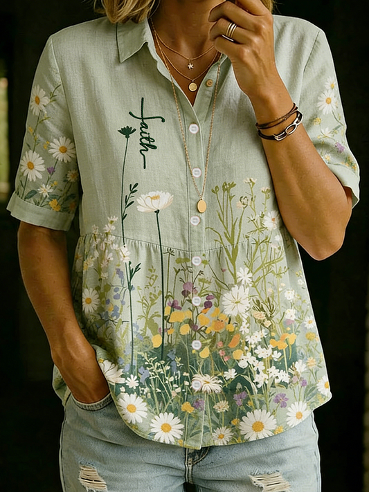 Women's Faith Floral Cotton and Linen Short-Sleeve Shirt