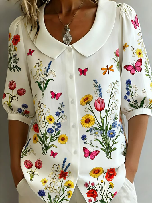 Women's cotton-linen shirt with floral pattern, half-length sleeves, and Peter Pan collar
