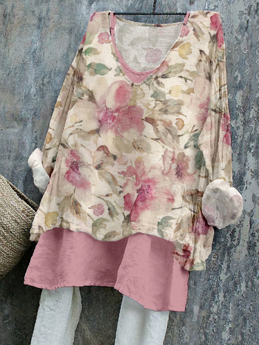 Women's linen blend shirt with elegant floral pattern