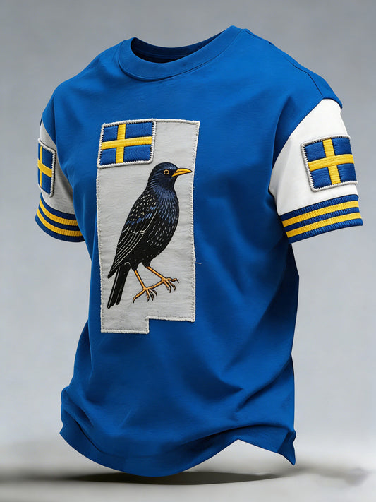 Men's jumper with art print on the theme of Swedish Dala horses