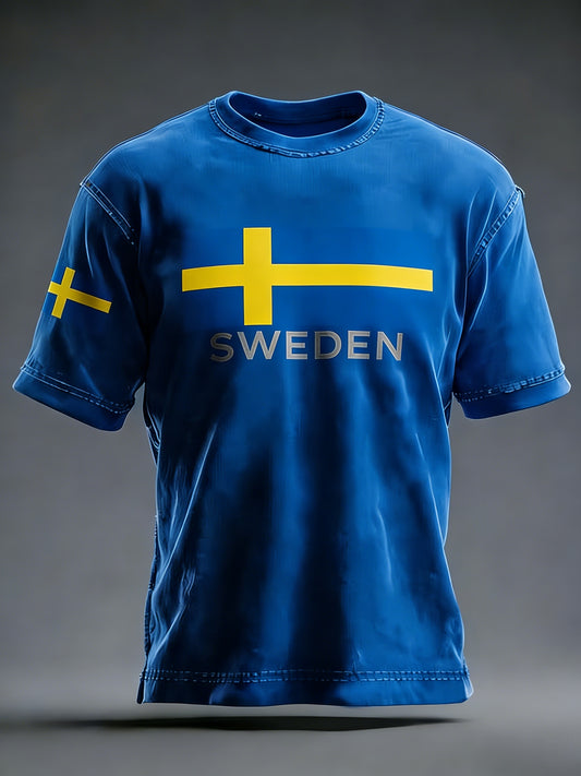 Retro Viking Swedish Flag Badge Casual Short Sleeve T-Shirt