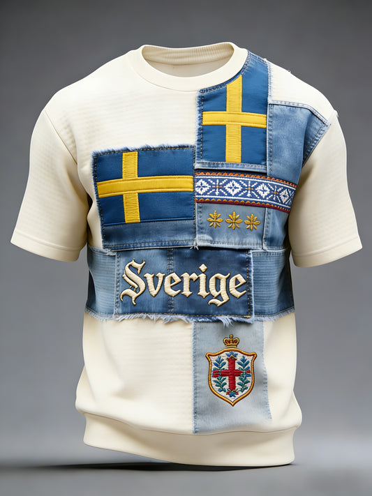 Retro Viking Swedish Flag Badge Casual Short Sleeve T-Shirt