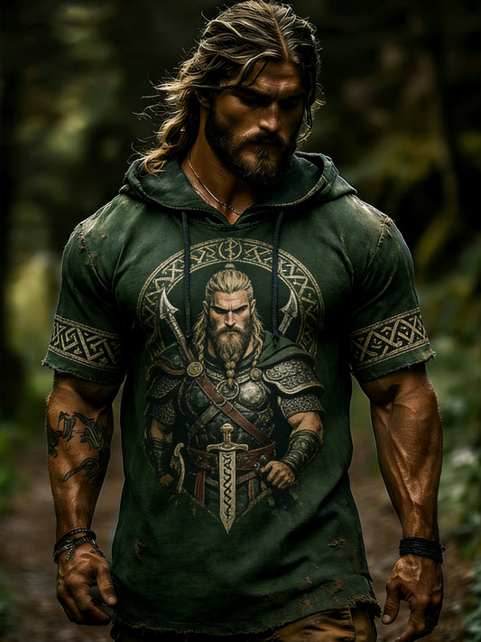 Men's sweatshirt with Viking pattern, short sleeves, and hood