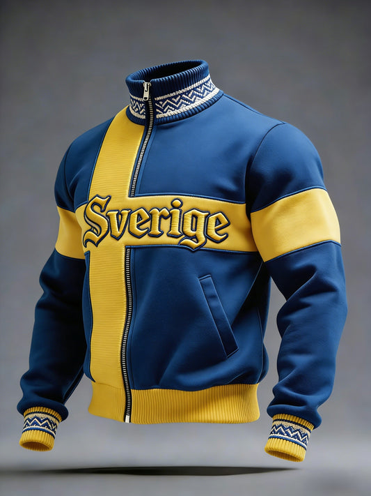 Retro Viking Swedish flag badge casual sporty stand-up collar jacket