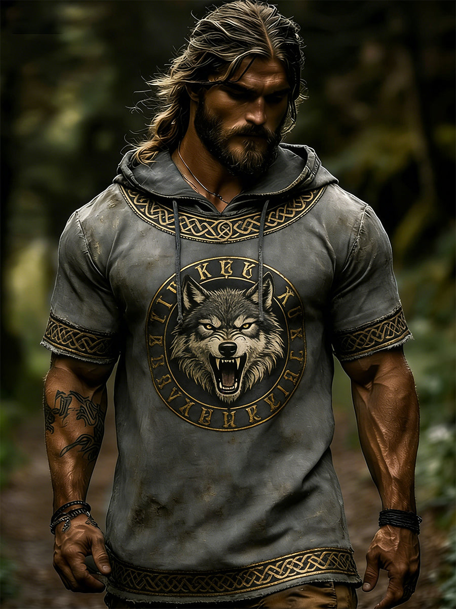 Herrhoodie med korta ärmar och vikingatema