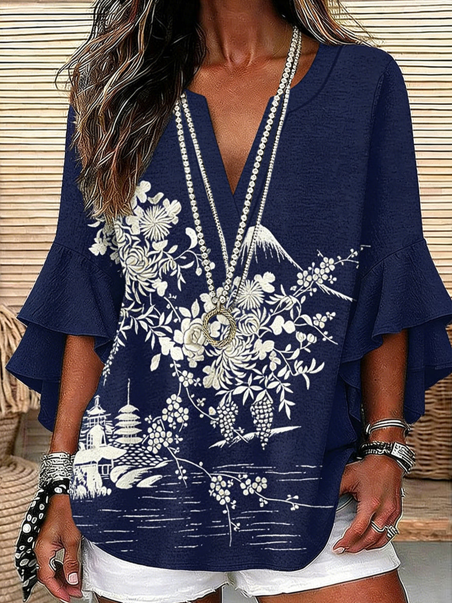Women's Vintage Art Print V-Neck Linen Blazer, Casual Style