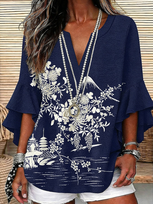 Women's Vintage Art Print V-Neck Linen Blazer, Casual Style