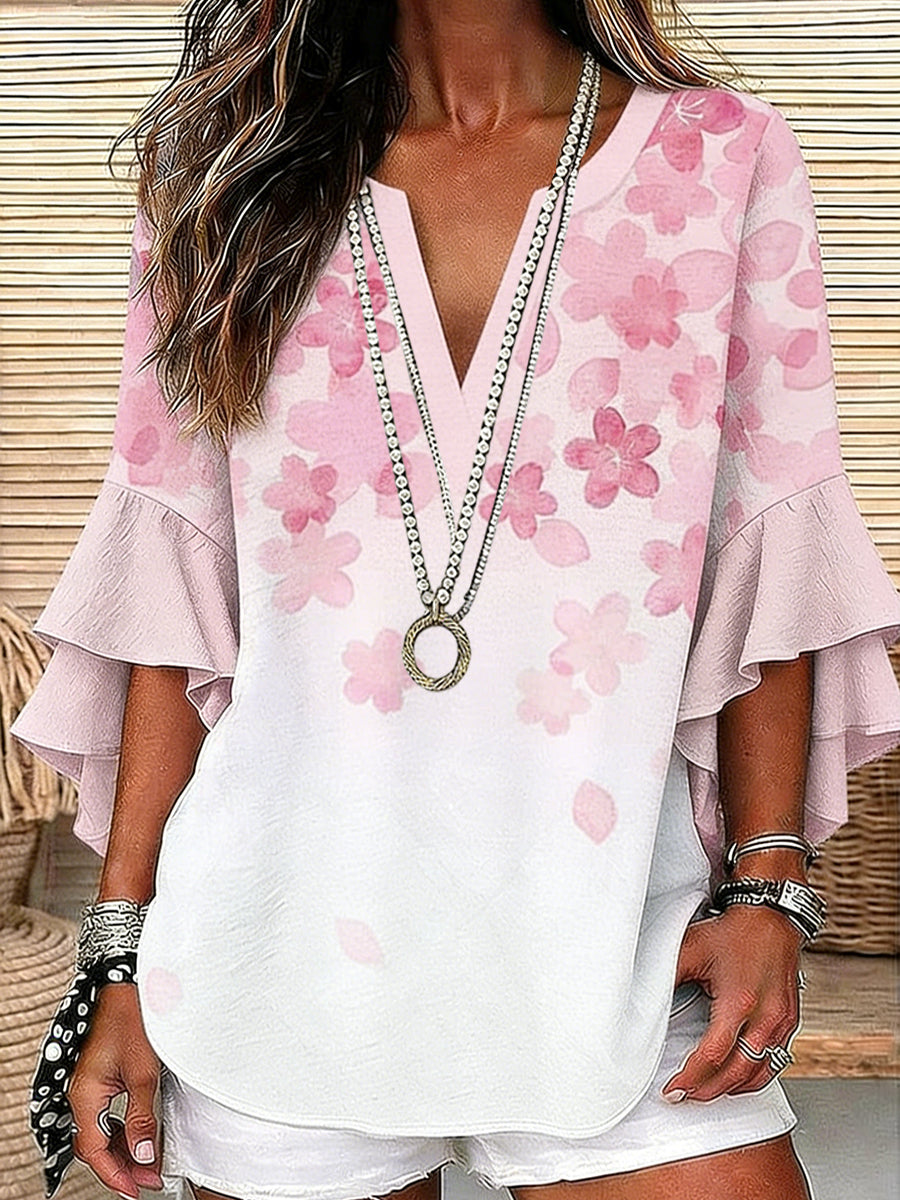 Women's Floral Print V-Neck Casual Linen Blouse