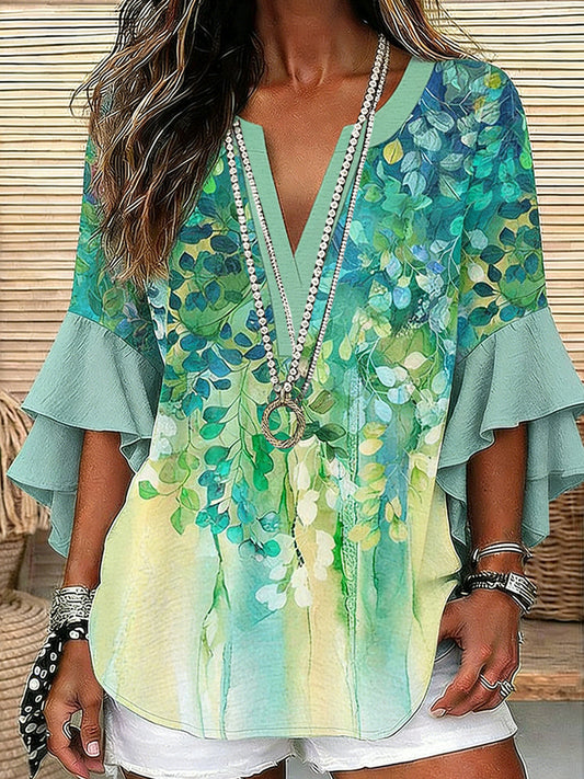 Women's Floral Print V-Neck Casual Linen Blouse