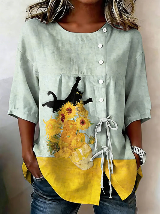 Women's cotton top with cat and floral pattern and lacing