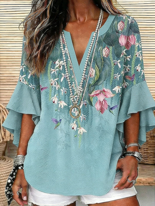 Women's Floral Print V-Neck Casual Linen Blouse
