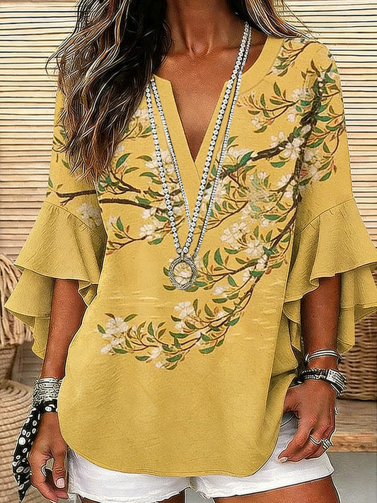 Women's Floral Printed V-neck Casual Linen Blouse