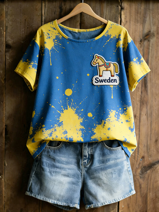 Women's Sleeveless Dala Horse Art Print T-shirt with Swedish Flag Colors