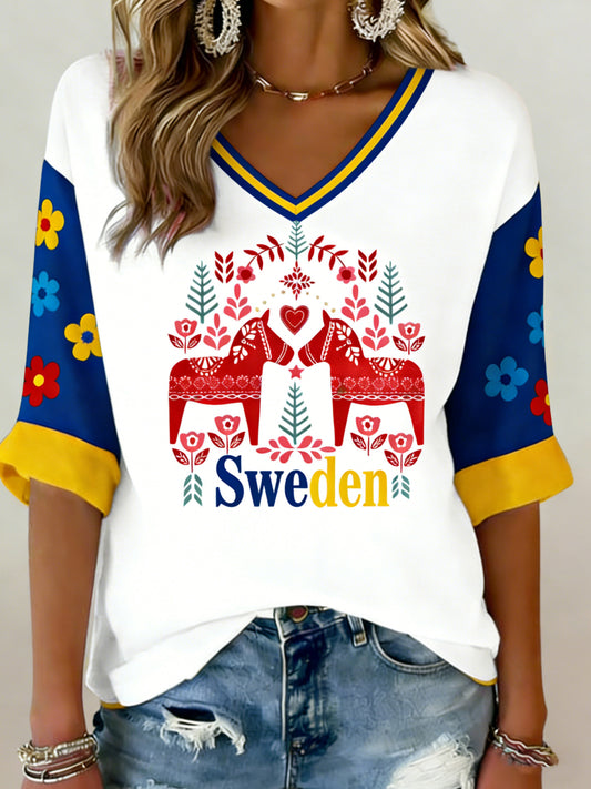 Women's tank top Dala horse art print T-shirt with Swedish flag colors